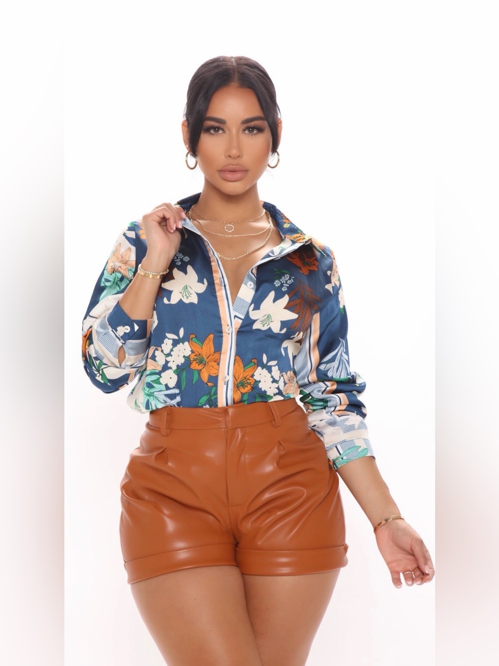 Fashion Nova Navy Floral Satin Button-Down with Orange Accents